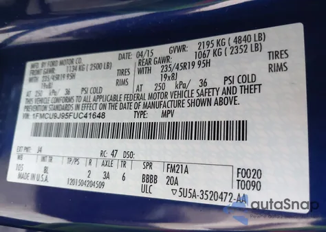 2015 Ford Escape Titanium из США, поврежденный, VIN 1FMCU9J95FUC41648